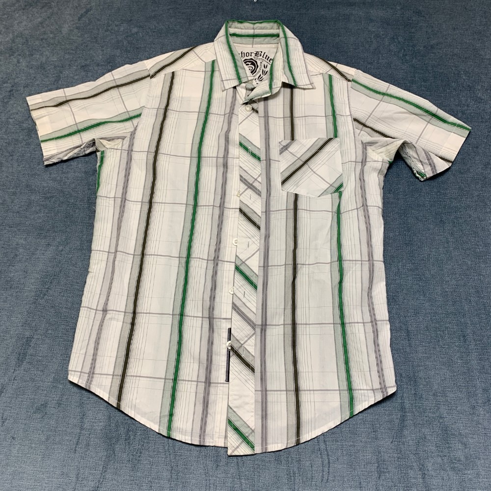Anchor Blue Shirt Mens Small Beige Grid Plaid Cotton Everyday Wear Button Up